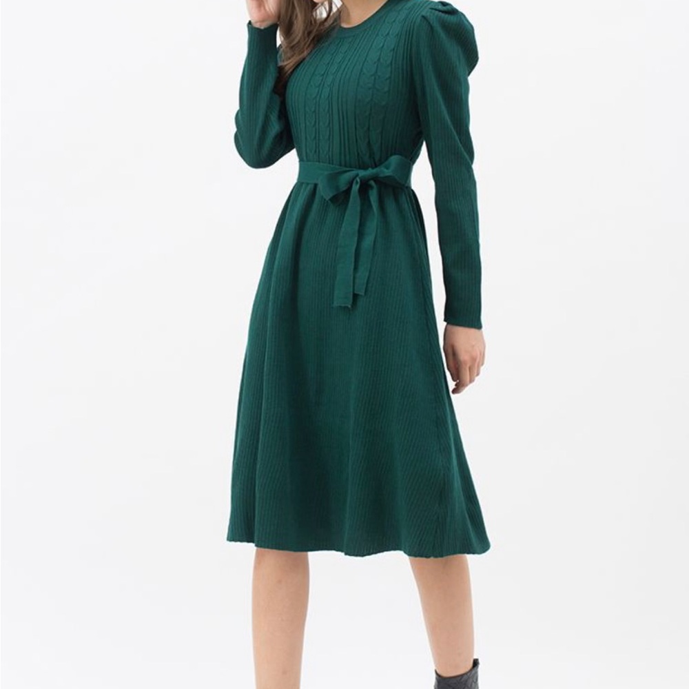 HOST PICK⭐️BRAID KNIT GIGOT SLEEVE MIDI DRESS IN DARK GREEN - Picture 3 of 11